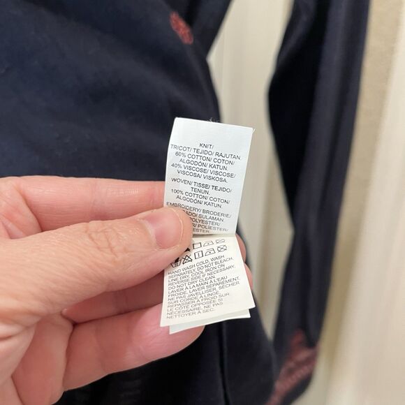 Lucky Brand Navy Blue Embroidered Boho Cottage Tassel Top Womens Size XS - Picture 5 of 7